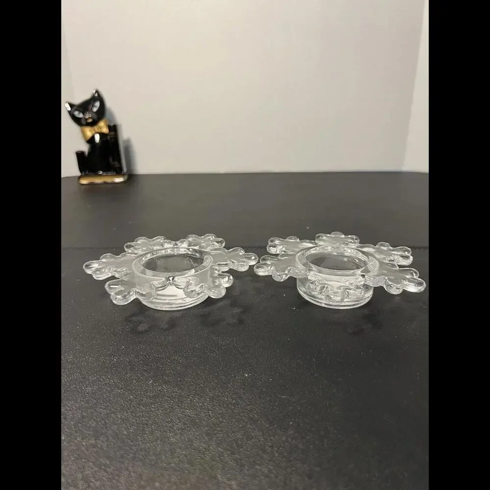 Crate & Barrel 2 Snowflake Winter Glass Votive Tea Light Holders